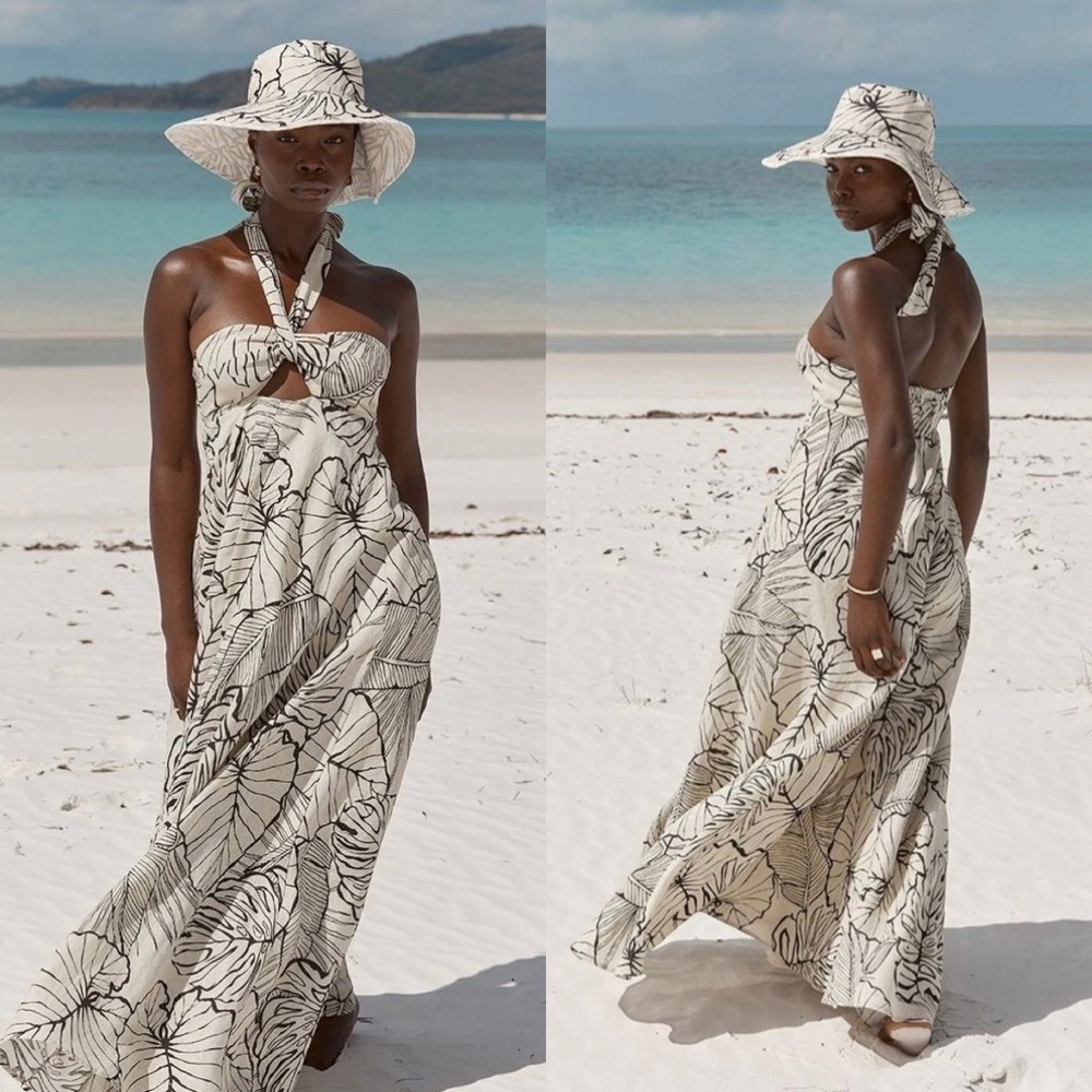 DISSH (EUC) | Malta Halter Linen Knot Dress Palm Leaf Maxi Dress - Picture 3 of 11